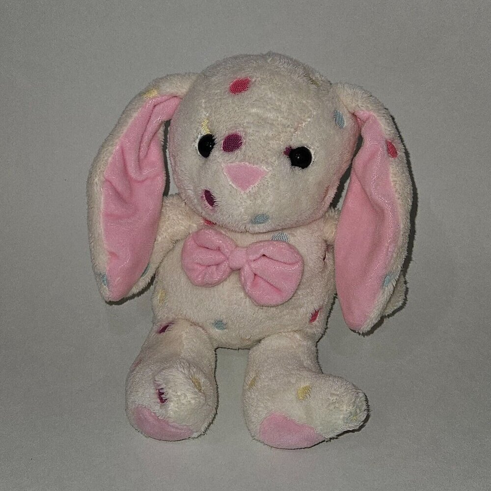 White Bunny Rabbit Plush Pink Ears Bow Blue Yellow Polka Dot Inter-American 2018